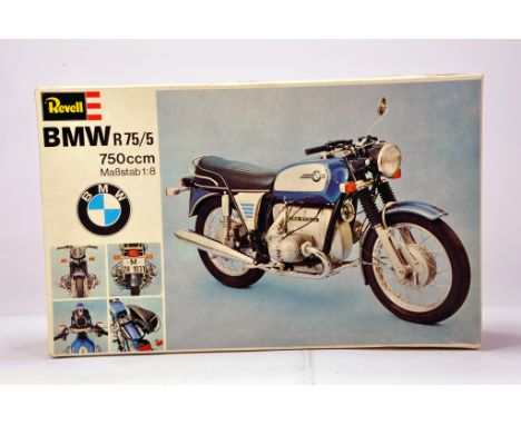 Revell (original) Plastic Model Kit in 1/8 scale of the BMW R75/5 750 CC Motorcycle. Appears complete.