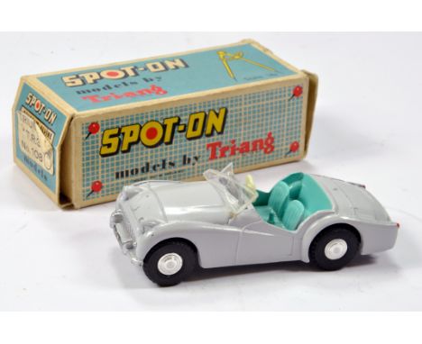 Triang Spot-on No. 108 Triumph TR3 Sports Car in grey with turquoise interior and cast spun hubs. A bright example only let d