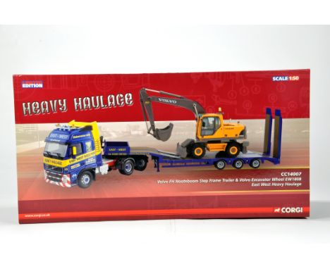 Corgi 1/50 Commercial Diecast Truck Issue comprising CC14007 Volvo FH Nooteboom Step Frame Trailer and Volvo Excavator Load. 