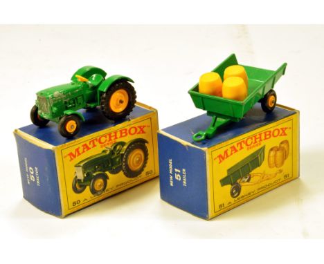 Matchbox No. 50 John Deere Tractor, F plus No. 51 Trailer, VG to E. (2)