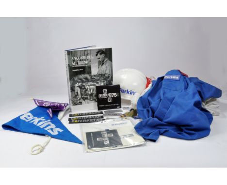 A large selection of Perkins Engines Paraphanalia and Collectable items including Engine Badges, helmet, overalls, Variety Pe