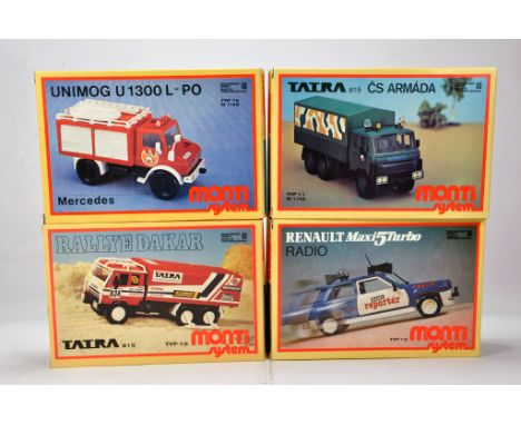 Group of plastic model kits comprising Mercedes  Unimog, Taira Dakar RallyE, Renault 5 Turbo and Taira Miliary Truck. 1/48 Sc