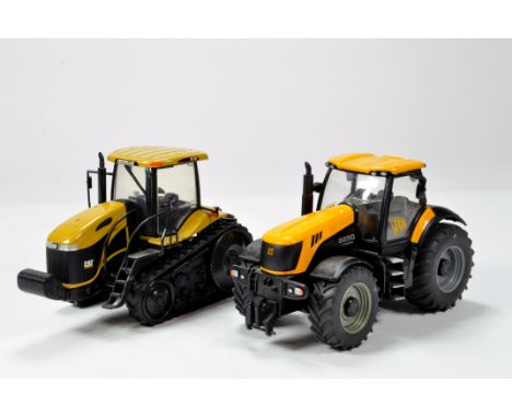 Farm model duo in 1/32 scale comprising Norscot CAT Challenger MT765 plus Britains JCB 8250 Tractor. VG to E. (2)