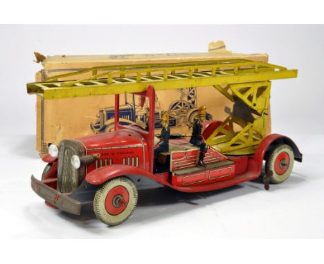 Mettoy Large Scale Tinplate Clockwork Fire Engine. 1950's in red, with nice detail, includes four fireman figures (one is dam