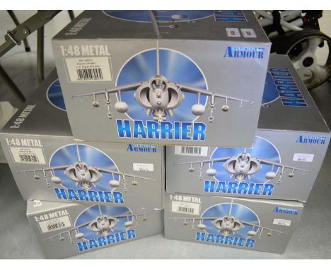 Armour Collection 1:48 Scale metal diecast aeroplanes - Harrier jet , various colour schemes, in original packaging. (5)