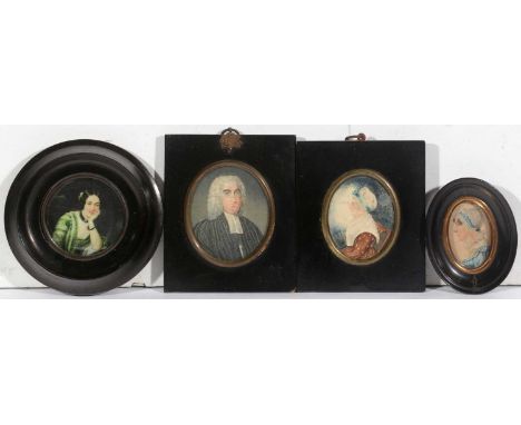 British School, 19th Century - A group of four portrait miniatures, comprising, Portrait of a lady with a blue ribbon, waterc