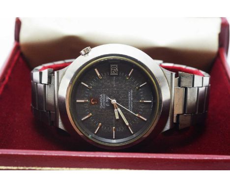 Omega Electric F300 chronometer wristwatch, the grey baton dial with date aperture, in steel case and on associated strap, wi