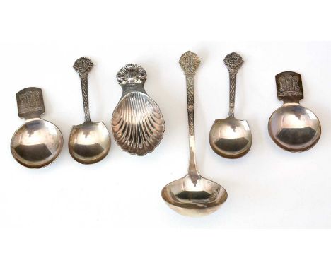 Two silver caddy spoons, by Cooper Bros. &amp; Sons, Sheffield 1979, with Lindisfarne pattern handles; a similar sauce ladle,