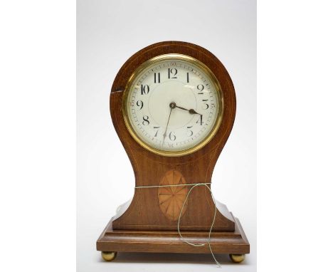 An Edwardian inlaid mahogany mantel clock with white enamel roman dial, 22cms high.