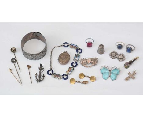 A selection of silver and other jewellery, to include: a white metal and blue stone bracelet, the white metal plaques with en