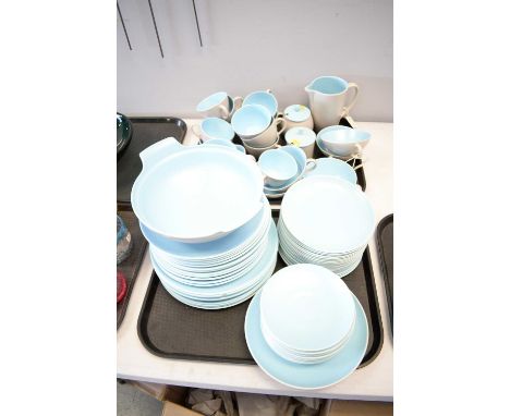 Poole pottery dinner service, in grey and blue, comprising plates, bowls, cups, saucers, bowls, jug, twin handled tureen and 