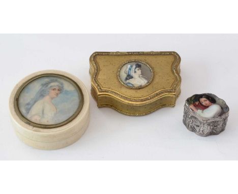 Continental School, 19th Century - Portrait miniature boxes, comprising: a Dutch white metal box with enamel portrait of a yo