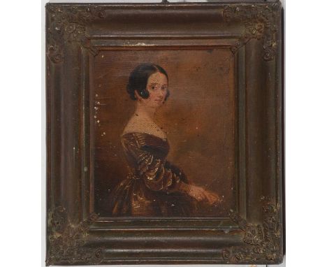 British School, 19th Century - Portrait of a young lady in a brown dress, oil on canvas laid on board, 15.5 x 13cms, in a pai