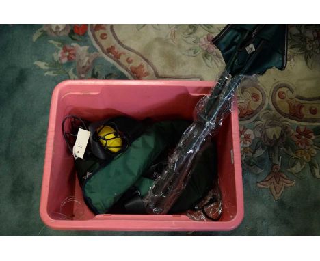 A Wave Hopper life jacket with rechargeable gas bottle; an electronic fish finder; and a folding stool, An Alpha telescopic t