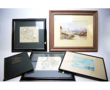Watercolour drawings: Continental mountain village; two hand-coloured maps, Denmark, Norway, Sweden and Finland, and another 
