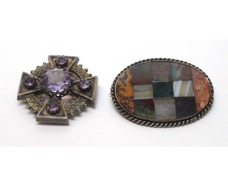 A Scottish style amethyst set white metal brooch, 19th Century, of cross form with beadwork edge; together with a Scottish st
