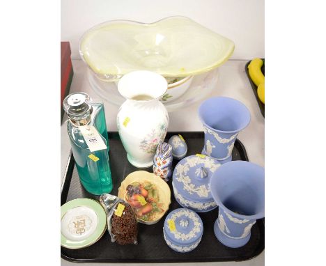 A Royal Crown Derby paperweight (second and missing stopper); a collection of Wedgewood blue Jasperware; Worcester Evesham pa