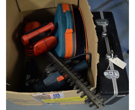 A Champion Electric Hedge trimmer, Orbital Sander, Black and Decker sander, and other items.
