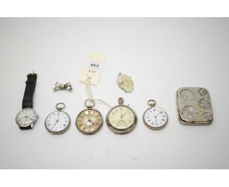 A selection of watches and other items, to include: three silver-cased open-faced pocket watches; a steel-cased pocket watch;