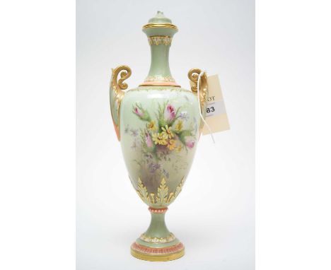 A Royal Worcester two-handled covered vase, hand-painted with flowers (cover with chips to finial).