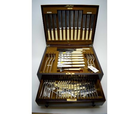 A canteen of plated cutlery, by Mappin &amp; Webb, with hinged top and front drawer; together with a set of six silver teaspo