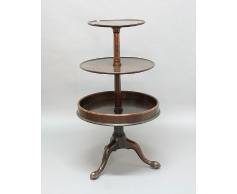 GEORGE III MAHOGANY THREE TIER DUMB WAITER, on tapering cylindrical supports and tripod base, height 120cm, max diameter 67cm