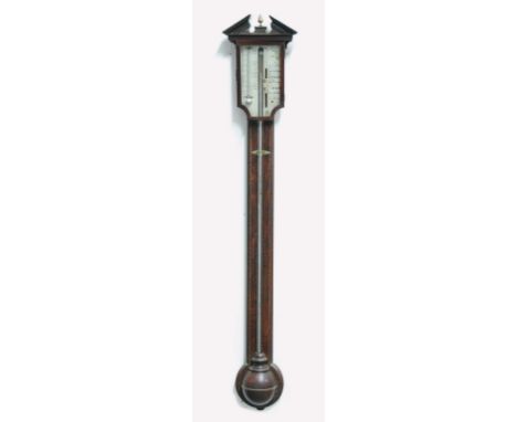 MAHOGANY AND INLAID STICK BAROMETER, early 19th century, the silvered gauge and thermometer above an inlaid body and hemisphe