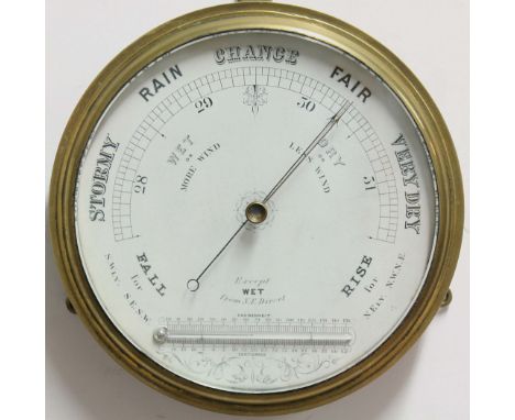BRASS SHIP'S BULKHEAD BAROMETER, the 7 1/2" dial with a subsidiary thermometer, diameter 23cm