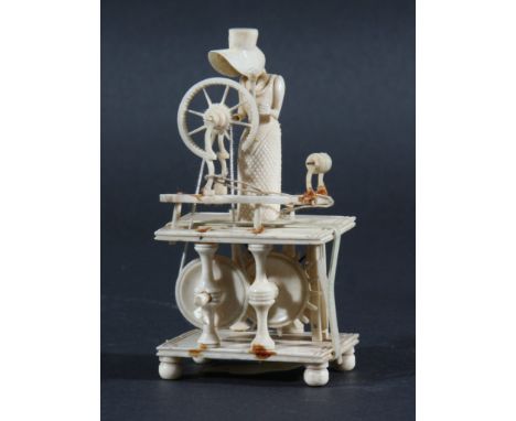 NAPOLIONIC PRISON OF WAR SPINNING JENNY BONE AUTOMATON, modelled as a single lady standing on a platform at her spinning whee