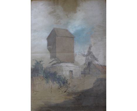 JOZEF CHELMONSKI (1849-1914) WINDMILLS (A SKETCH) Bears signature, inscription and date (1880) on label on backboard, waterco