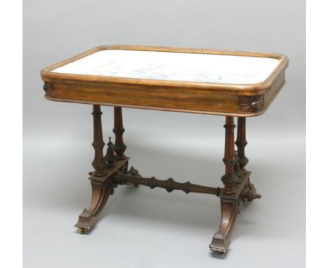 VICTORIAN WALNUT AND SIMULATED ROSEWOOD CENTREPIECE with Rorstrand stoneware basin, transfer printed and painted with a chino