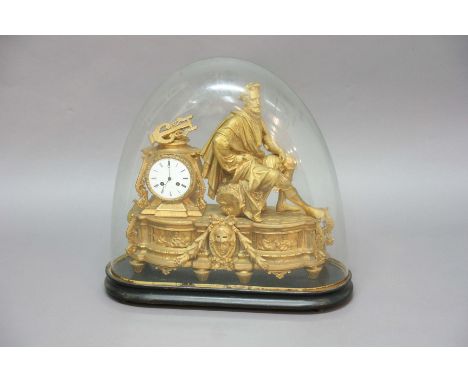 FRENCH GILT METAL MANTEL CLOCK, 19th century, the 3 1/2" enamelled dial on a brass eight day striking movement, surmounted by
