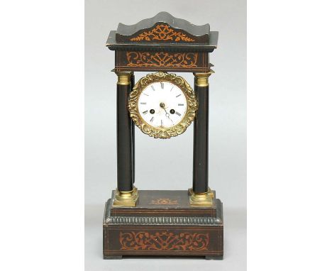 FRENCH EBONISED PORTICO CLOCK, late 19th century, the 3 1/2" enamelled dial on a brass Japy Freres movement striking to a bel