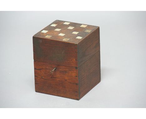 VICTORIAN OAK DECANTER BOX AND DECANTERS, of square section, the parquetry top with mother of pearl panels enclosing four gla