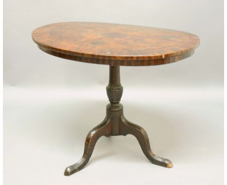 GEORGE III YEW WOOD OVAL TABLE TOP, with radiating veneers inside a dog tooth and crossbanded border, on an associated tripod