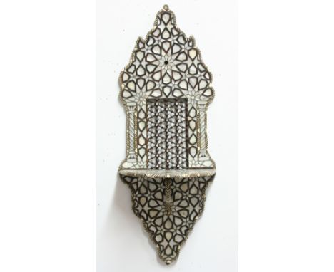 PERSIAN WALL BRACKET,  a central fretwork panel surrounded by a mother of pearl and bone inlaid frame above a shelf bracket, 