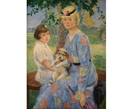 •ERNEST BOROUGH JOHNSON (1866-1949) PORTRAIT OF A MOTHER AND HER DAUGHTER, A SMALL DOG ON THE MOTHER'S LAP Signed with initia