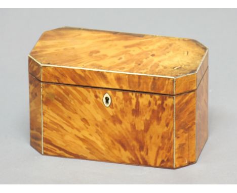 GEORGE III BLOND TORTOISESHELL TEA CADDY, of canted rectangular form, with twin caddy interior, height 10.5cm, width 18cm, de