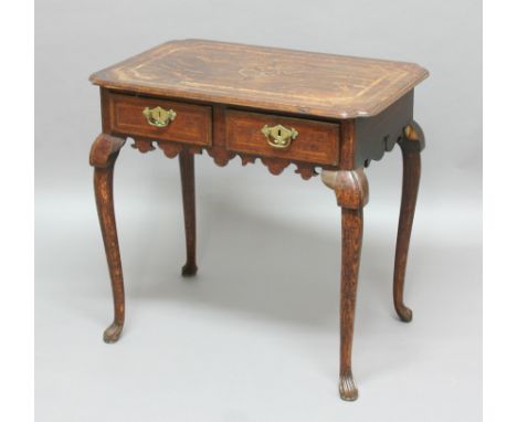 OAK LOW BOY, earlier 18th century, the shaped rectangular top with walnut banding around a central compass motif, above a pai
