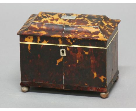 REGENCY BLOND TORTOISESHELL TEA CADDY, of sarcophagus form, twin canister interior, height 13cm, width 16.5cm, depth 10cm