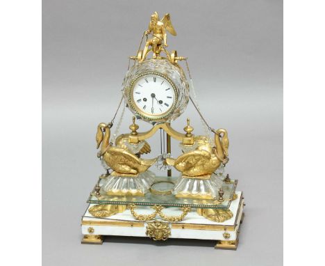 FRENCH GILT METAL AND GLASS MOUNTED MANTEL CLOCK, 19th century, the 3 3/4" dial on a brass movement striking to an outside mo