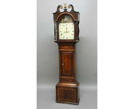 MAHOGANY LONGCASE CLOCK, the 12" painted dial with subsidiary seconds  dial and date aperture beneath an arch with sailing sh