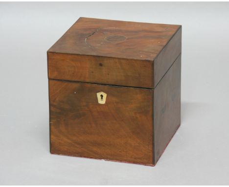 VICTORIAN MAHOGANY AND INLAID DECANTER BOX, of cube form, enclosing a fitted interior with four stoneware decanters stamped I