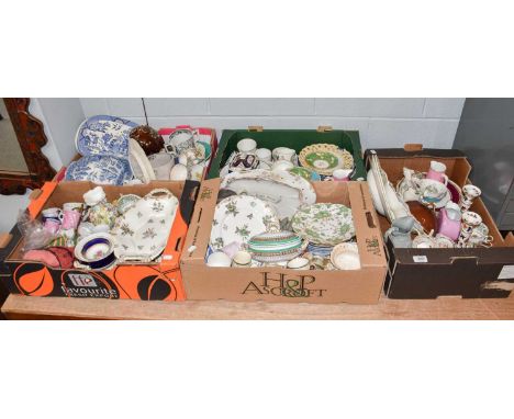 Five Boxes of 18th Century and Later English Ceramics, including Old Willow pattern dinner wares, floral painted teawares, Im