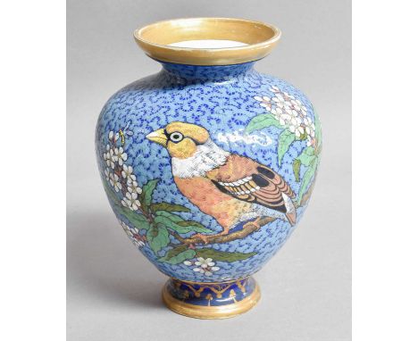 A French Porcelain Vase, signed Eugene Rousseau, Paris, decorated with finches on a blue ground, 17cmIn good condition, with 