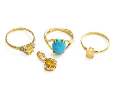 A Small Quantity of Jewellery Including, a 9 carat gold turquoise ring, finger size N, a 9 carat gold yellow beryl and zircon