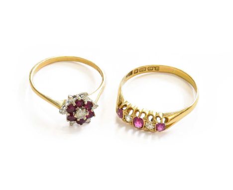 An 18 Carat Gold Ruby and Diamond Five Stone Ring, finger size R1/2; and An 18 Carat Gold Ruby and Diamond Cluster Ring, fing