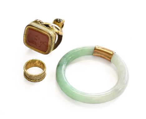 A Children's Jade Bangle, inner diameter 4.0cm; together with A Gilt Metal Seal; and A Gilt Metal Ring, finger size E