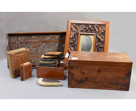 A Victorian Rosewood Box, an early 19th century rosewood tea caddy, carved wooden chest, whist markers, deaguerrotypes etc (q