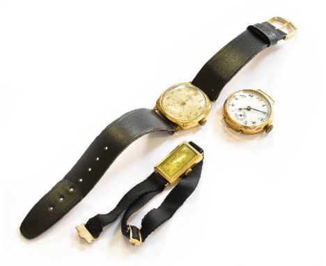 A 9 Carat Gold Cushion Shaped Rotary Wristwatch, 1950's, a 9 Carat Gold Enamel dial Wristwatch and a Lady's 9 Carat Gold Rect